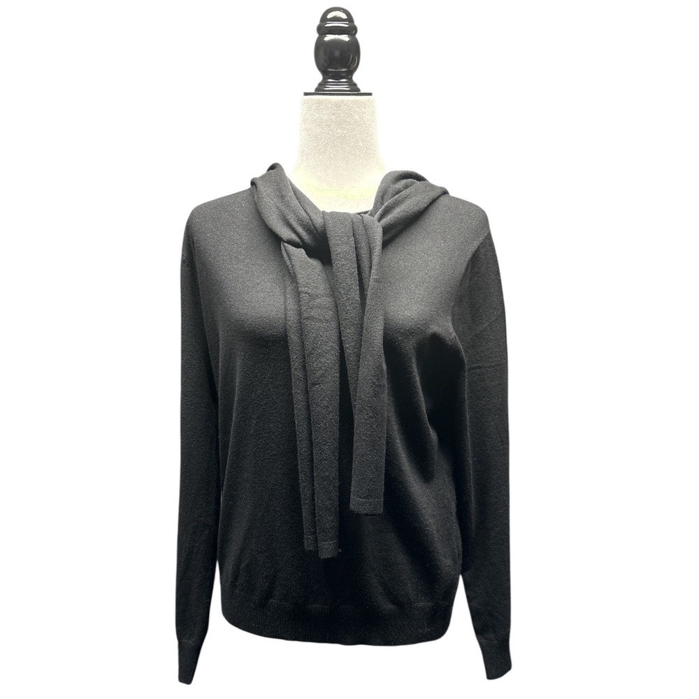 Mila Milano Women's Black Scarf Tie Front‎ Knit Hoodie Sweater Size Large NWT
